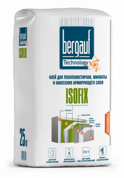 Клей для пенополистирола, минваты и нанесения армирующего слоя ISOFIX 25 кг BERGAUF/56